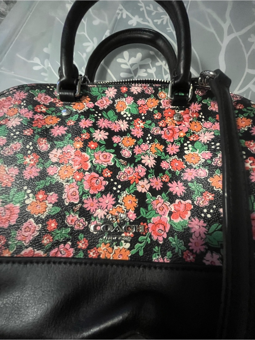 COACH Black Floral Dome Satchel with Pink and Green Accents like new